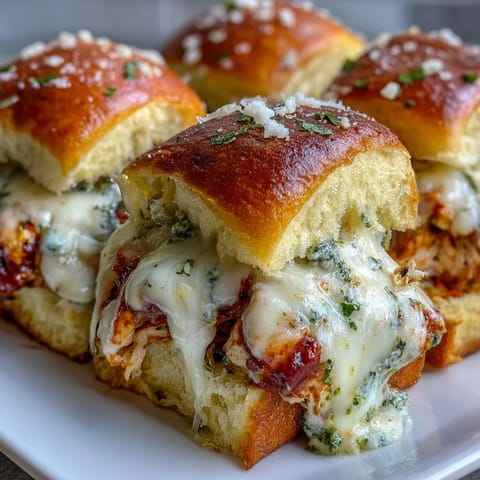 Pesto Chicken Parmesan Sliders served warm, drizzled with marinara and extra Parmesan for a game day appetizer spread.