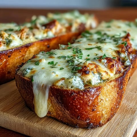 Barcos de pan de ajo rellenos de pollo al pesto con mozzarella fundida en una bandeja de horno.