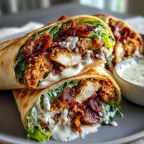 Crispy Chicken Bacon Caesar Wraps servidos calientes con lechuga César, pollo crujiente y tocino ahumado en tortilla doblada.