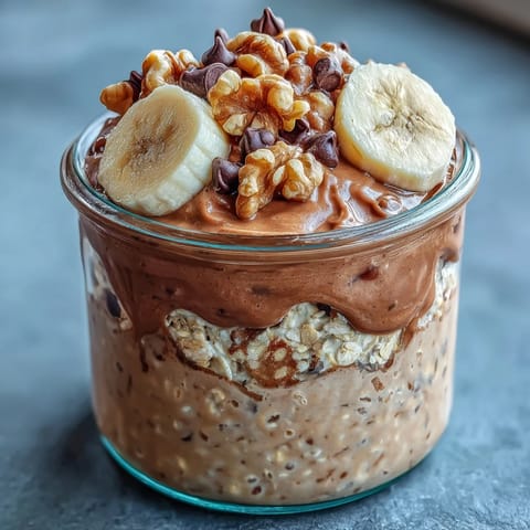 Desayuno nutritivo de Chunky Monkey Protein Overnight Oats con cacao, yogur griego y chorritos de mantequilla de cacahuate.