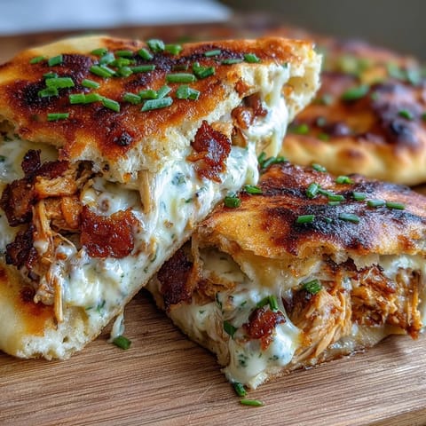 Golden-baked Ranch Crack Chicken Stuffed Naan with melted cheddar and bacon on a rustic board.