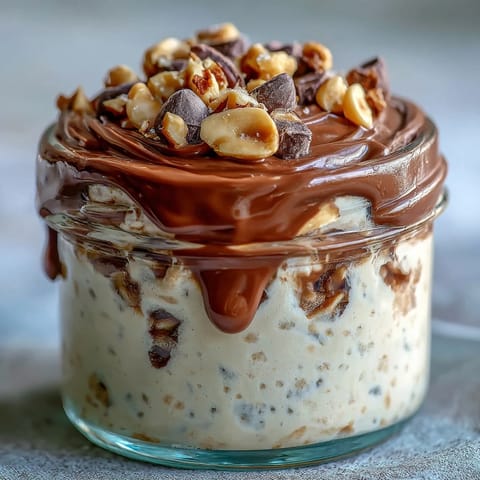 Dos tarros de Peanut Butter Cup Overnight Oats con ganache de cacao brillante, listos para el desayuno.