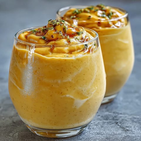 A tall Mango Lassi topped with chopped pistachios, condensation on the glass for a refreshing feel.