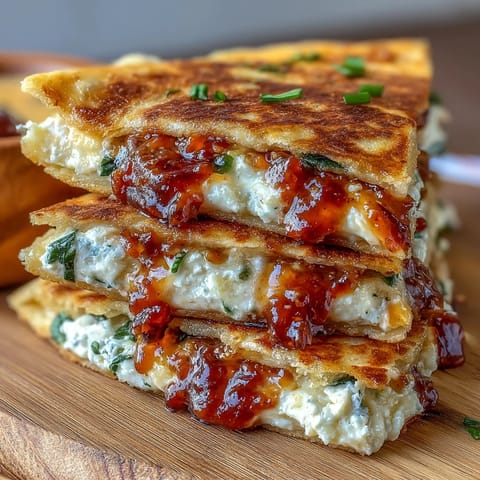 Warm Chilli Jam & Goat Cheese Quesadilla served on a rustic plate, garnished with fresh spring onions and spinach.