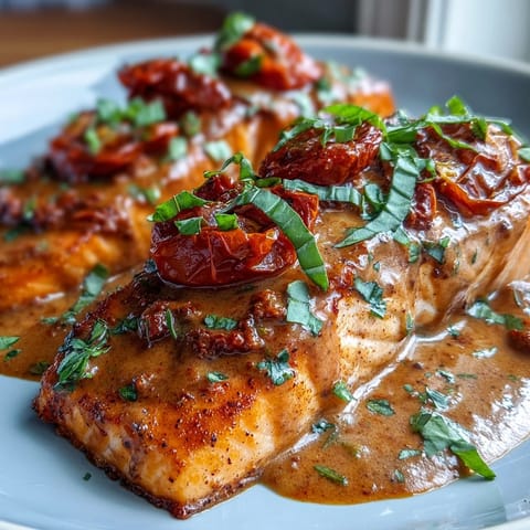 Marry Me Salmon con ajo y tomate en salsa cremosa, lista para servir con pasta.