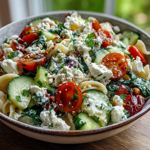 Plato principal de ensalada de pasta con requesón, rico en proteínas, listo para comer con cucharada.