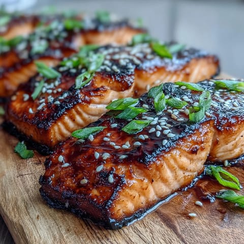 Tres filetes de Teriyaki Glazed Salmon al horno con un glaseado brillante y semillas de sésamo tostado, servidos sobre arroz vaporosa.