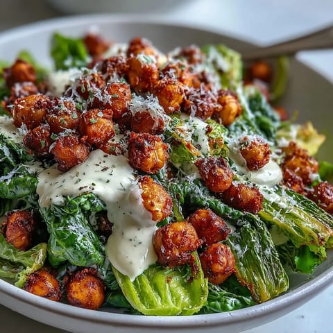 Golden roasted chickpeas and vegan Parmesan top a bowl of Vegan Roasted Chickpea Crouton Caesar Salad