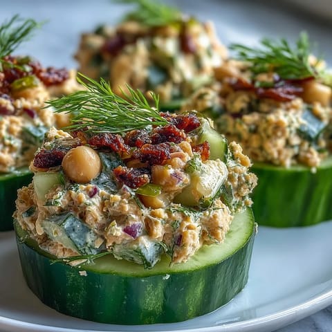 Healthy Vegan Chickpea Tuna Salad Stuffed Cucumbers, a light gluten-free appetizer or lunch.