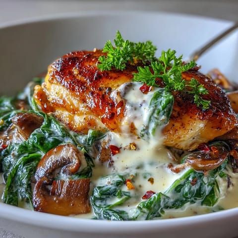 Filete de pollo dorado bañado en salsa de espinacas y champiñones, estilo keto.