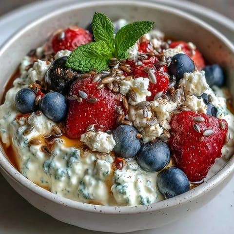 Cottage Cheese Berry Bowl cremoso con frutos rojos mezclados, semillas de girasol y calabaza, miel y una pizca de canela en un bol.