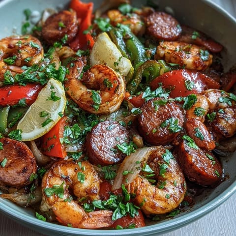 El plato Keto Cajun Shrimp and Sausage Skillet se sirve con rodajas de limón y perejil fresco.