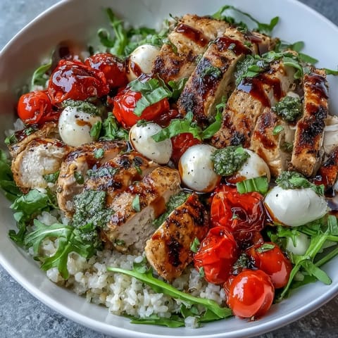A fresh serving of Grilled Chicken Caprese with balsamic glaze drizzled over juicy tomatoes and mozzarella balls