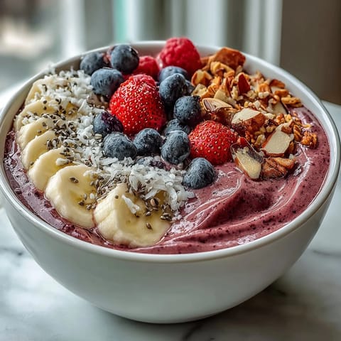 Cazuelas de Berry Greek Yogurt Smoothie Bowl con chía, bayas frescas y granola crujiente, un desayuno vibrante y cremoso.
