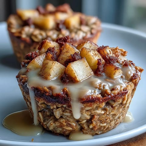 Deliciosos cups de avena vegana con manzana y canela, con trozos de fruta tierna y un aroma cálido.