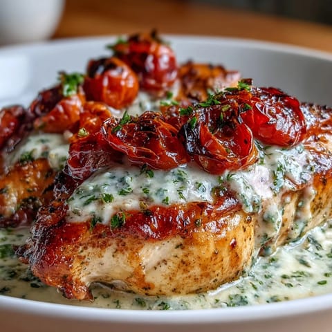 Pollo cremoso pesto tomates asados