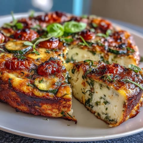 Deliciosa frittata de calabacín y tomate con queso parmesano, horneada a la perfección y lista para servir en cualquier comida ligera.  