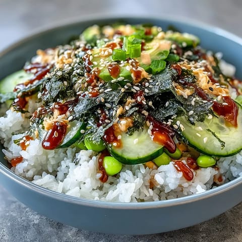 1. Vibrant seaweed snack sushi bowl with fluffy rice, crisp cucumber, creamy avocado, and savory nori strips, drizzled with spicy mayo.  