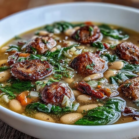 Sopa toscana de alubias blancas con salchicha italiana en una olla con vegetales frescos y hierbas aromáticas.  