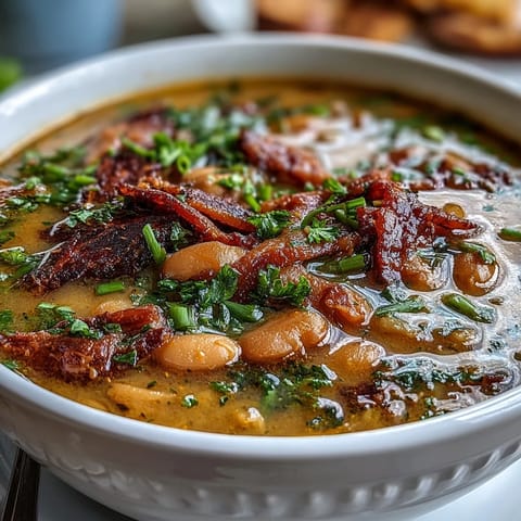 Sopa de jamón y alubias con hierbas frescas en una olla, hirviendo suavemente con trozos de jamón y alubias tiernas.