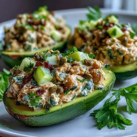 Ensalada de atún de garbanzos rellena de aguacate cremoso y fresco con eneldo y limón.  