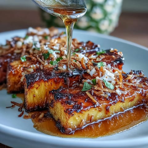 2. Rodajas de piña caramelizadas con glaseado de miel y lima, espolvoreadas con coco dorado y crujiente.  