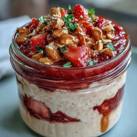 Desayuno saludable de avena con textura cremosa, sabor dulce a fresa y toque salado de mantequilla de maní, decorado con maní tostado.  