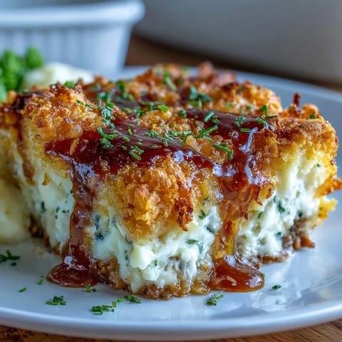 Pastel de carne con capa de funeral potatoes doradas y queso cheddar derretido, ideal para reuniones.  