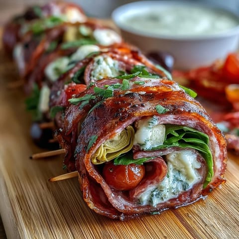 Deliciosos pinchos de sub italiano listos para picnic con carnes curadas, queso y verduras, servidos con aioli casero cremoso para untar.  