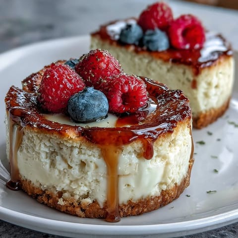 Cheesecake saludable en tazas individuales, suave y cremoso, decorado con frutos rojos frescos y miel.  