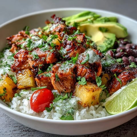 1. Vibrant chicken pineapple taco bowls with coconut rice, topped with fresh pineapple salsa and creamy avocado slices.  