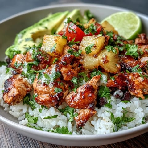 2. Tropical-inspired coconut rice bowls with spiced chicken, sweet pineapple salsa, and colorful cherry tomatoes for a fresh meal.  