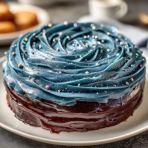 Capas de esponja de vainilla húmeda con glaseado de mantequilla de galaxia en espiral y brillantina plateada comestible.