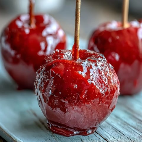 Manzana caramelizada roja clásica con brillante capa de dulce en manzanas frescas y crujientes.
