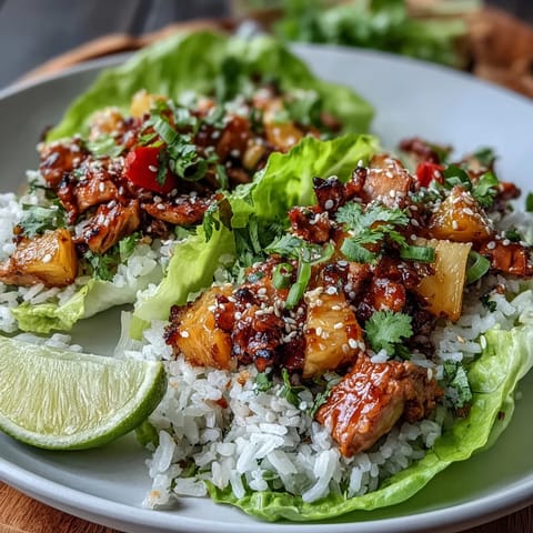 Envoltorios de lechuga con pollo y piña, un plato ligero y tropical con pollo jugoso, piña dulce y arroz, todo en hojas de lechuga crujiente.  