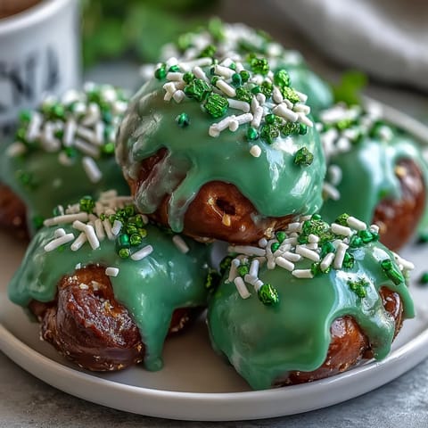 Bocados de pretzel con forma de trébol de San Patricio, bañados en cobertura de dulce verde brillante y espolvoreados con azúcar de colores.