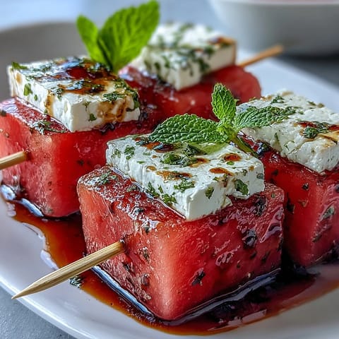Brochetas de sandía y queso feta con menta, un bocado refrescante con cubos de sandía, queso feta y hojas de menta en palillos.  