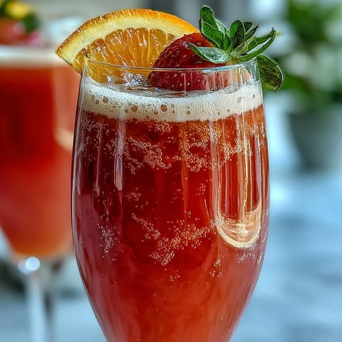 Brunch de Día de la Madre: Mimosa de fresa sin alcohol, vibrante y refrescante con puré de fresas frescas y cítricos espumosos.