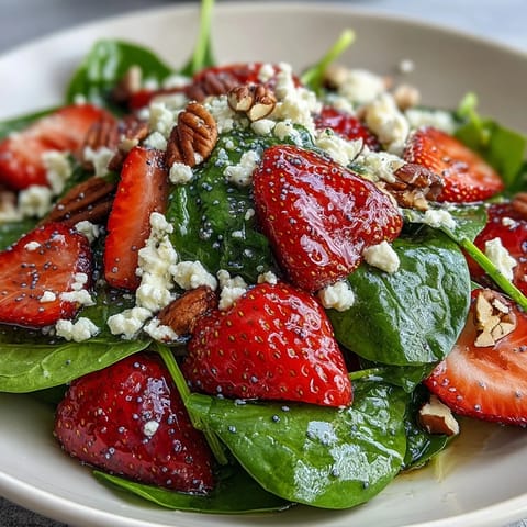 Deliciosa ensalada de espinacas baby con fresas maduras, cebolla morada y aderezo casero de semillas de amapola.  