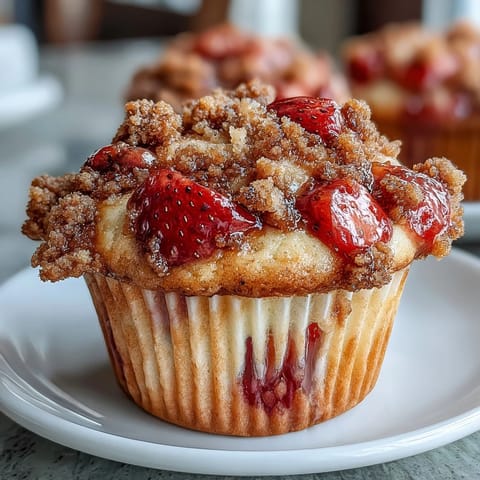 Deliciosos muffins de fresa recién horneados con cobertura desmenuzada, perfectos para el desayuno o la merienda.
