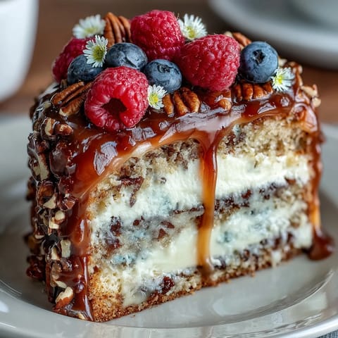Pastel de hoja de cumpleaños de primavera con relleno de crema de limón, cubierto con bayas frescas y flores comestibles.  