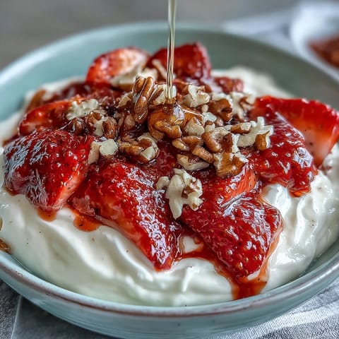 Tazón de desayuno con compota de fresa casera sobre yogur griego y nueces tostadas.