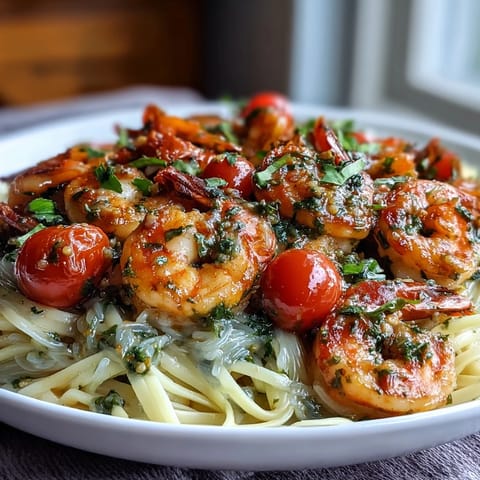 Plato de pasta con camarones al ajo, angel hair, tomates cherry y espárragos en una sartén, con queso parmesano y limón.