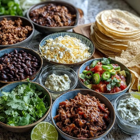 Barra de tacos festiva para el Cinco de Mayo con pollo, carne y frijoles, servida con tortillas calientes, verduras frescas y salsas variadas.