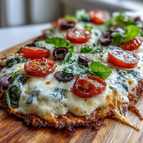 Pizza de pan plano de queso cottage con toppings de pizza burbujeantes y mozzarella derretida sobre una base alta en proteínas.  