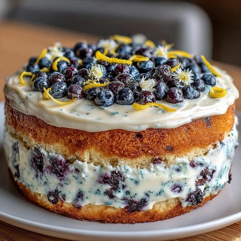 Pastel de cumpleaños primaveral de limón y arándanos con glaseado de queso crema.