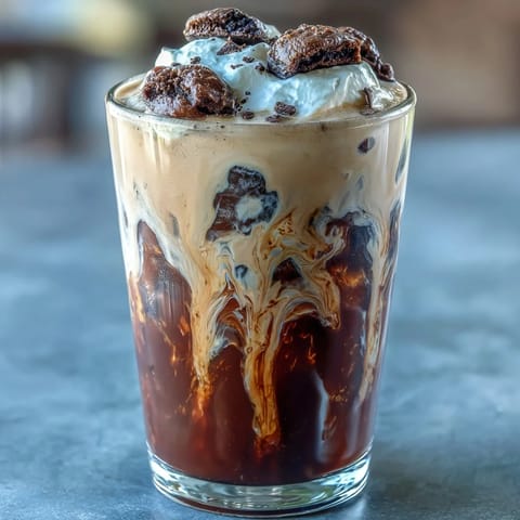 1. Delicioso cold brew de galletas y crema con espuma de leche y chocolate, perfecto para un día caluroso.