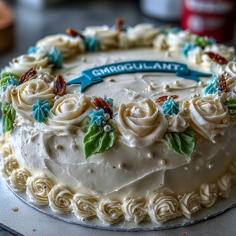 2. Pastel de hoja festivo con rosas de buttercream vibrantes y diploma de fondant, perfecto para fiestas de graduación.