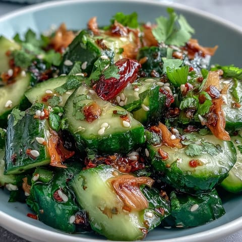 Ensalada de pepino machacado con aceite de ajo y chile, crujiente y refrescante con notas picantes y garlicky.
