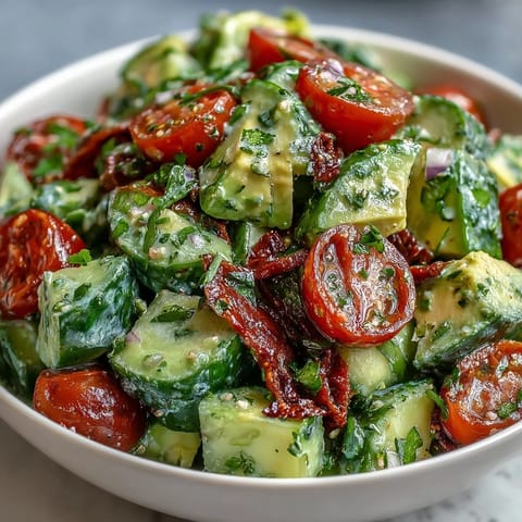 Ensalada colorida de pepino, tomate y aguacate con aderezo de limón picante.  